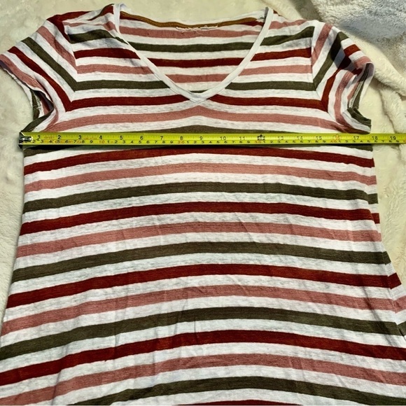 Linen Tee Medium White V-Neck Striped Olive Salmon Rust Short Sleeve 100% Linen - Picture 11 of 13